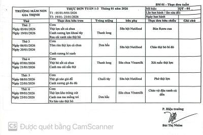 Thực đơn Tuần 1+3 tháng 01 /2026